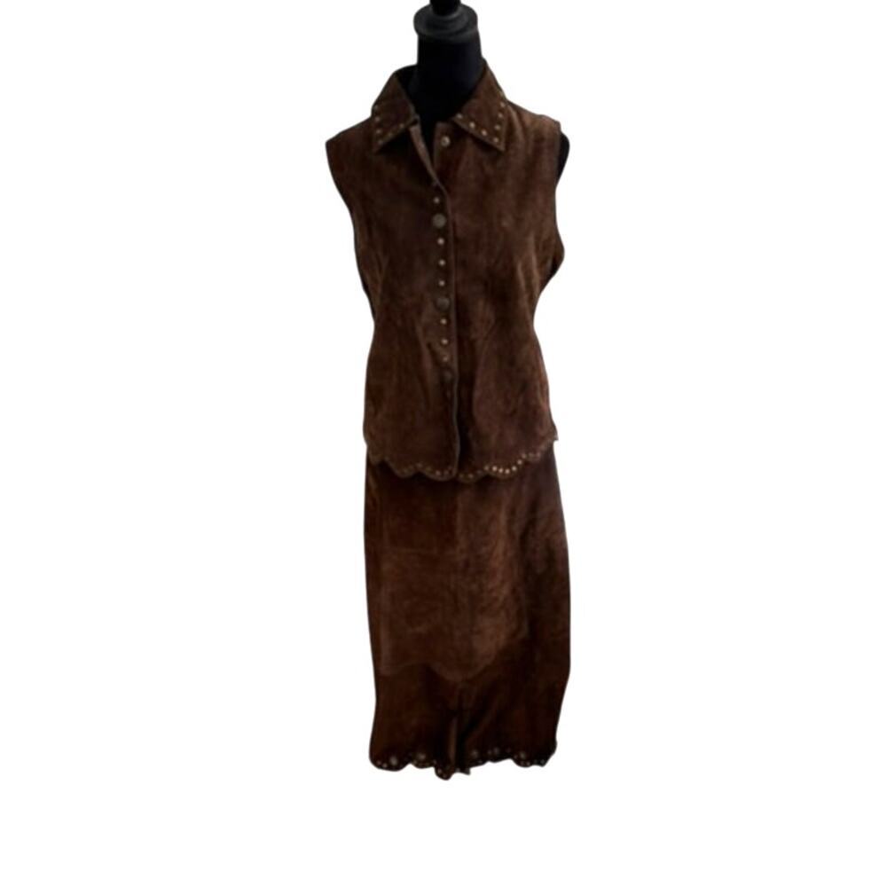 Montanaco Brown Suede Western Vest & Maxi Skirt Set Studded Vintage